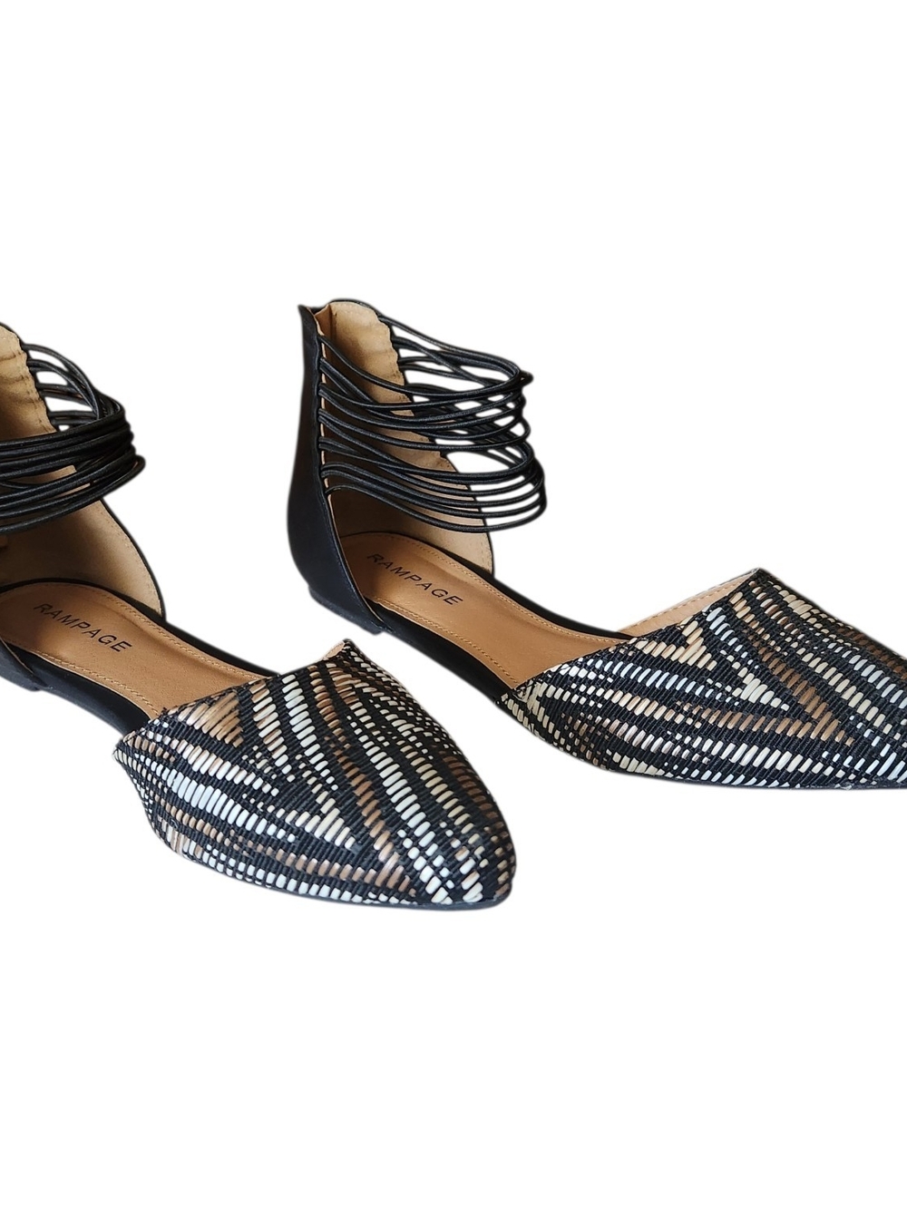 Rampage Pointed Toe Flats- Blac&Gold Woven Design With Ankle Straps & Zipper